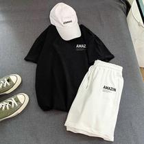 Summer printed short sleeves Mens loose T-shirt suit Korean version Trend casual 100 hitch shorts half-sleeve mistress