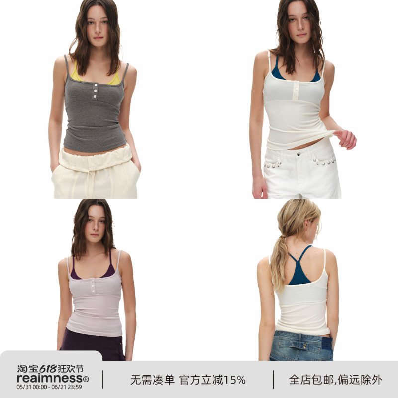 Reaimness* Realistic Feel, Fake Two-Piece Contrasting Color Henry Collar Slimming Versatile Inner Wear Outer Wear Camisole for Women Reaimness* Realistic Feel, Fake Two-Piece Contrasting Color Henry Collar Slimming Versatile Inner Wear Outer Wear Camisole for Women