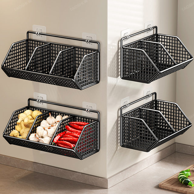 Kitchen onion, ginger and garlic storage basket without punching storage rack wall-mounted inclined thickened storage multi-functional hanging basket