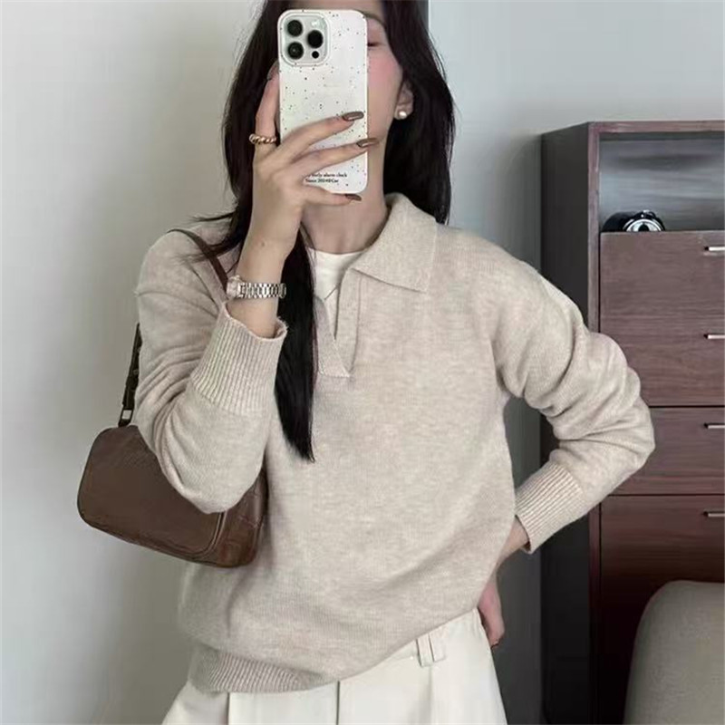 Korean Style Black Polo Collar Long-Sleeved Knitwear for Women 2025 Autumn and Winter Lazy Style Loose Casual V-Neck Sweater Top