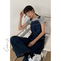 Creamsu white and blue pants women spring and summer Korean version of loose big pocket retro tooling denim jumpsuit