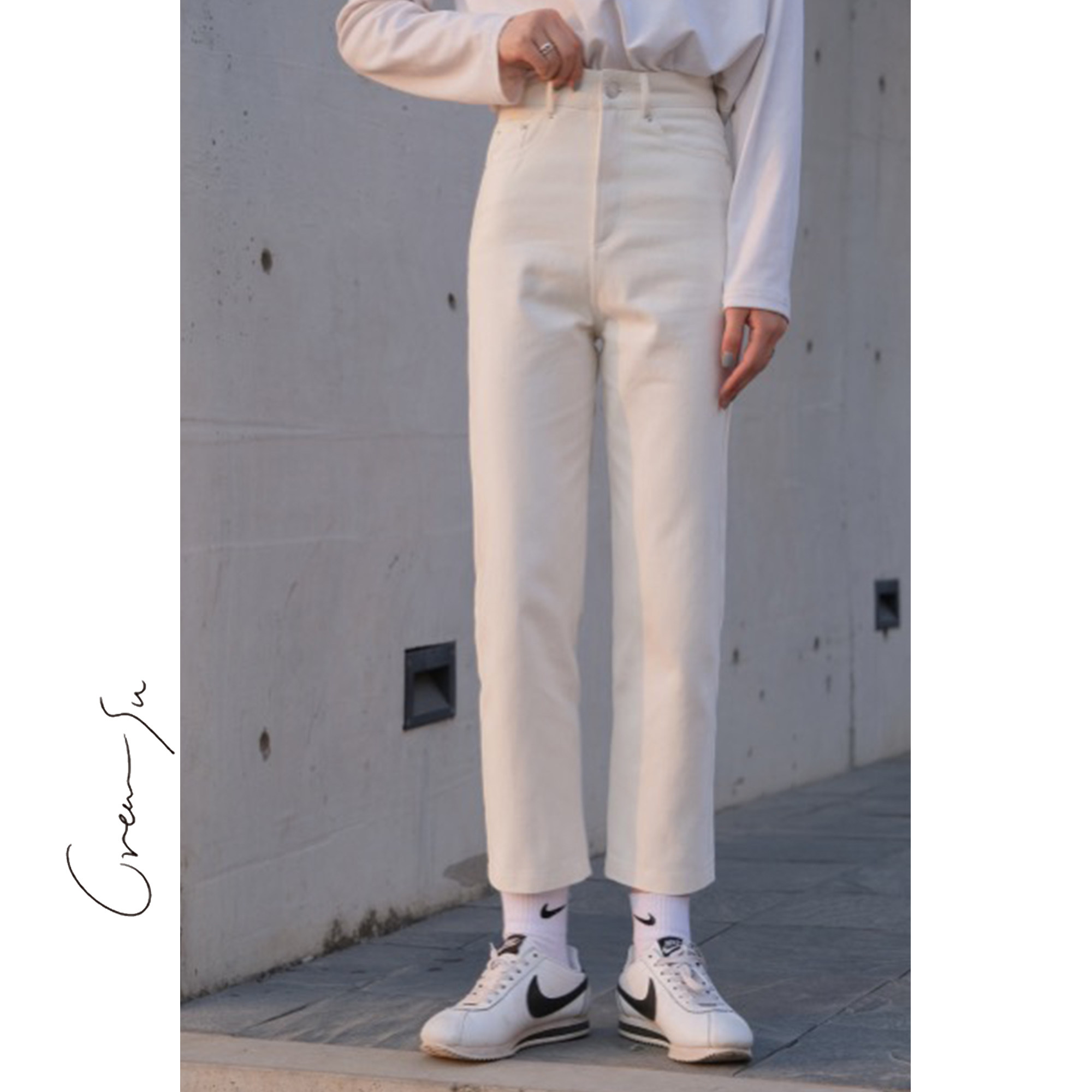 Creamsu Xubai white wide-leg pants women's summer thin section straight tube slim loose high waist casual nine-point pants