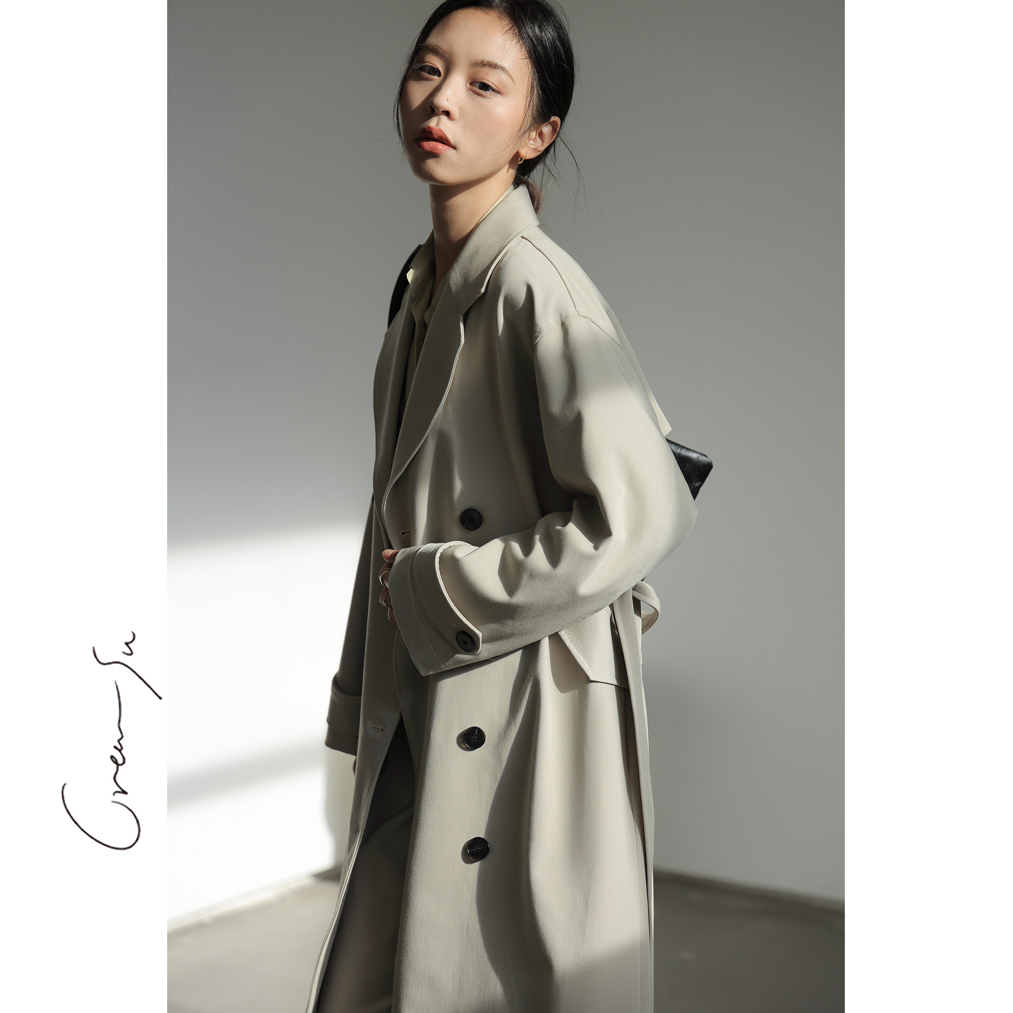 Creamsu Narrative White Design Sense Superior Wind Coat Jacket Woman 2023 Chunqiu New double-row buckle with long big coat-Taobao