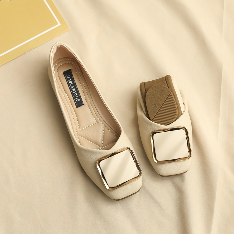 (100% genuine leather) single shoe woman 2022 new summer fairy wind warm and soft bottom flat bottom shoes square-headed bean-bean shoes