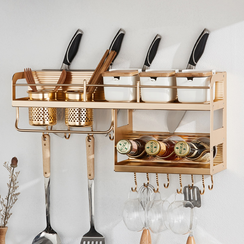Free hole kitchen shelf Gold space aluminum wall-mounted kitchen supplies pendant storage shelf Knife rack adjustment frame Chopstick stand