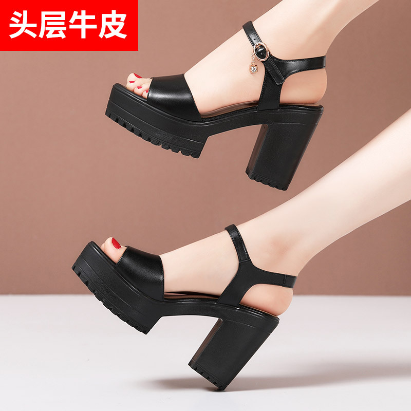 Genuine Leather Large and Small Sizes Platform Sandals with 10cm Thick Heels, Versatile Thick-Soled Waterproof Platform, Model Cheongsam Runway High-Heeled Sandals for Women in Summer