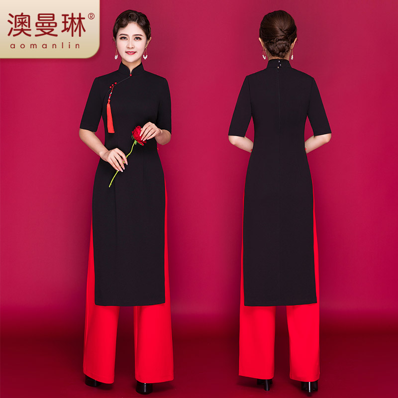 Black elite elegant cheongsam, long suit, 2023 collection