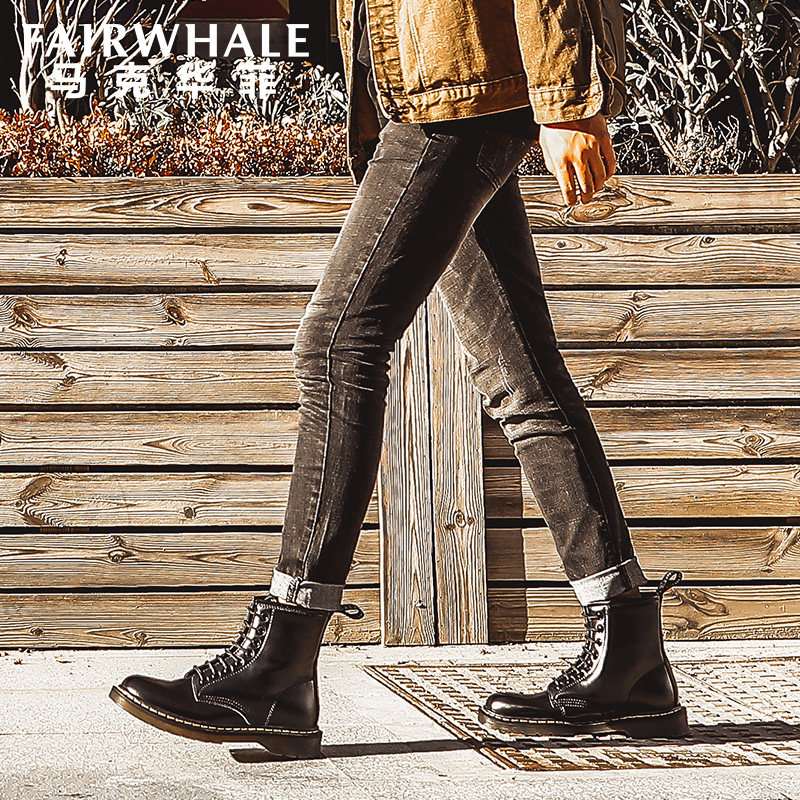 马克华菲马丁靴男高帮软皮靴真皮英伦风冬季加绒黑色机车骑士靴子