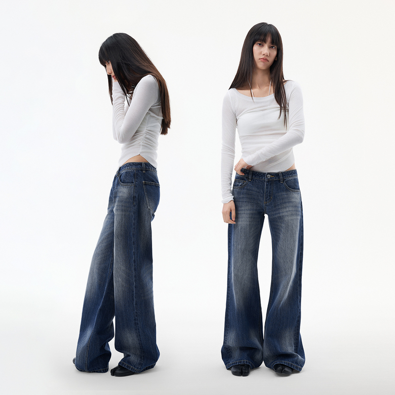 Dusklit Lake Blue Washed Vintage Low-Waist Jeans for Women, Autumn Draped Straight-Leg Wide-Leg Long Pants