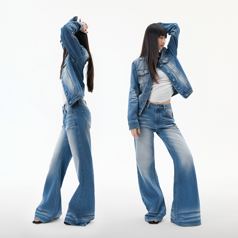 Dusklit Cloud Blue Final Edition Textured Cat Whiskers Slim Fit Denim Jacket Set for Women Spring and Autumn Denim Short Coat