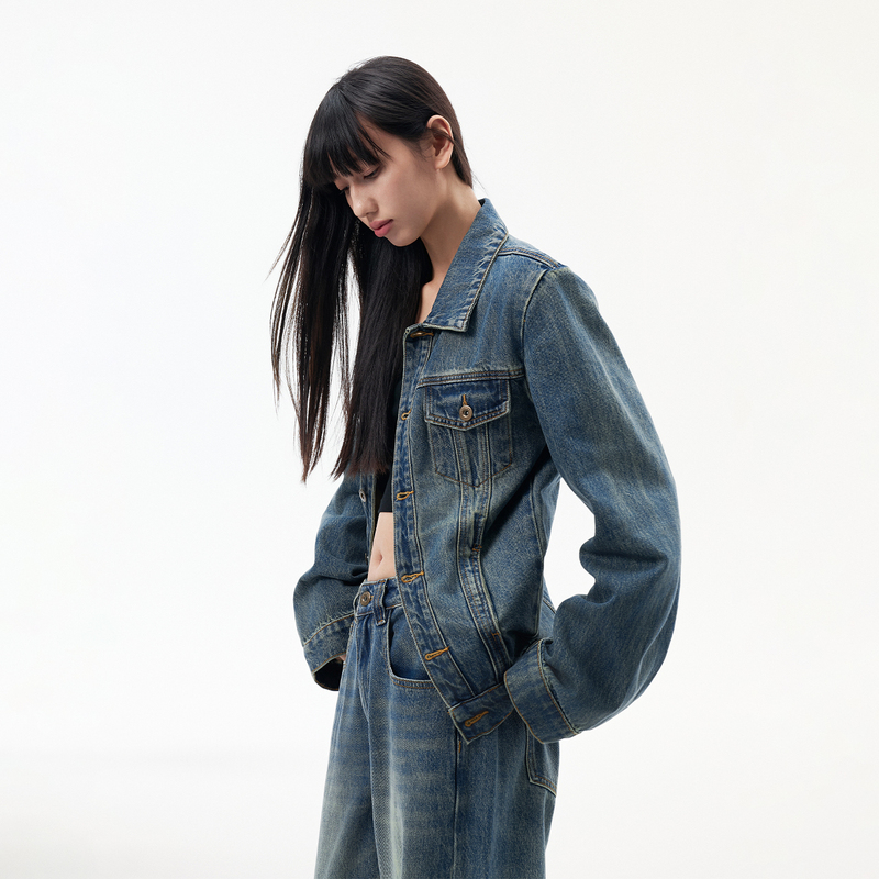 Dusklit Retro Blue Inverted A-Style Distressed Loose Denim Jacket Spring Long-Sleeved Shoulder-Padded Jacket Women's Short Jacket