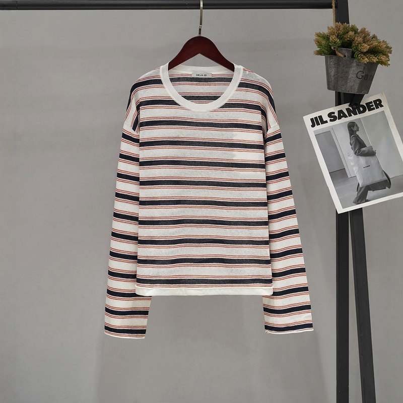 Shejia Ed Colorful Striped Cotton and Linen Knitwear 26 Summer New Drawstring Hem Knit Long-Sleeve T-Shirt Knit Top