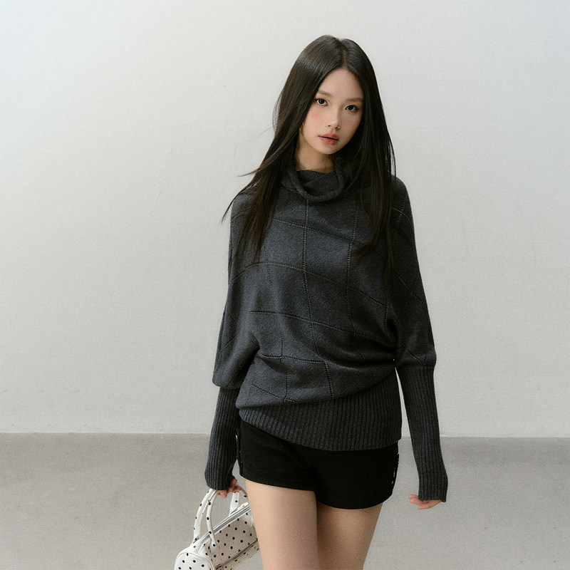 Cyni【Dill Bubble】Hollow-Out Diamond-Patterned Wool Turtleneck Knit Pullover Sweater, Slimming High-Neck Top