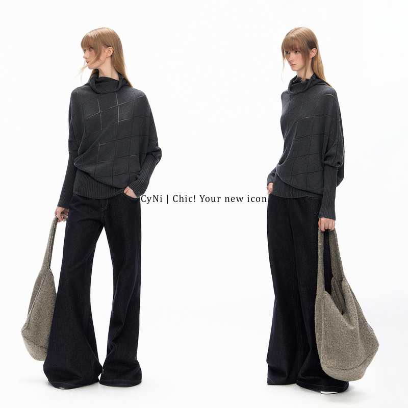 Cyni【Dill Bubble】Hollow-Out Diamond-Patterned Wool Turtleneck Knit Pullover Sweater, Slimming High-Neck Top