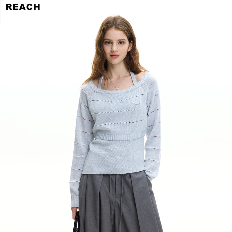 Reach Design Two-Piece Set Halter Neck Hollow Knit Sweater for Women, New Spring and Autumn Style, High-End Slimming Top