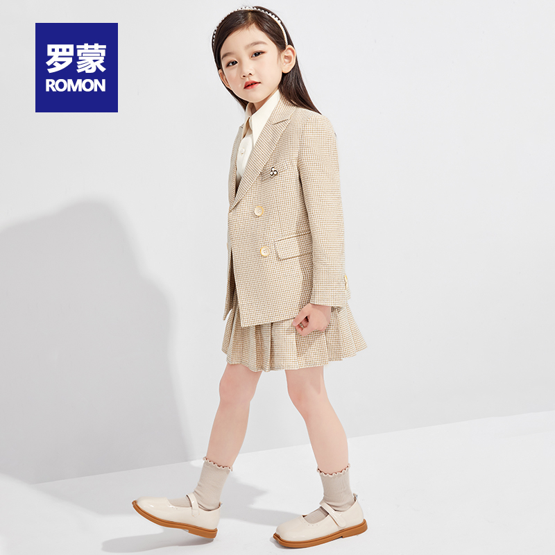 Romon Girl Suit Suit 2022 Girl Spring Autumn Dress New Foreign Pie Mesh Subplexu Skirt Girl Three Sets