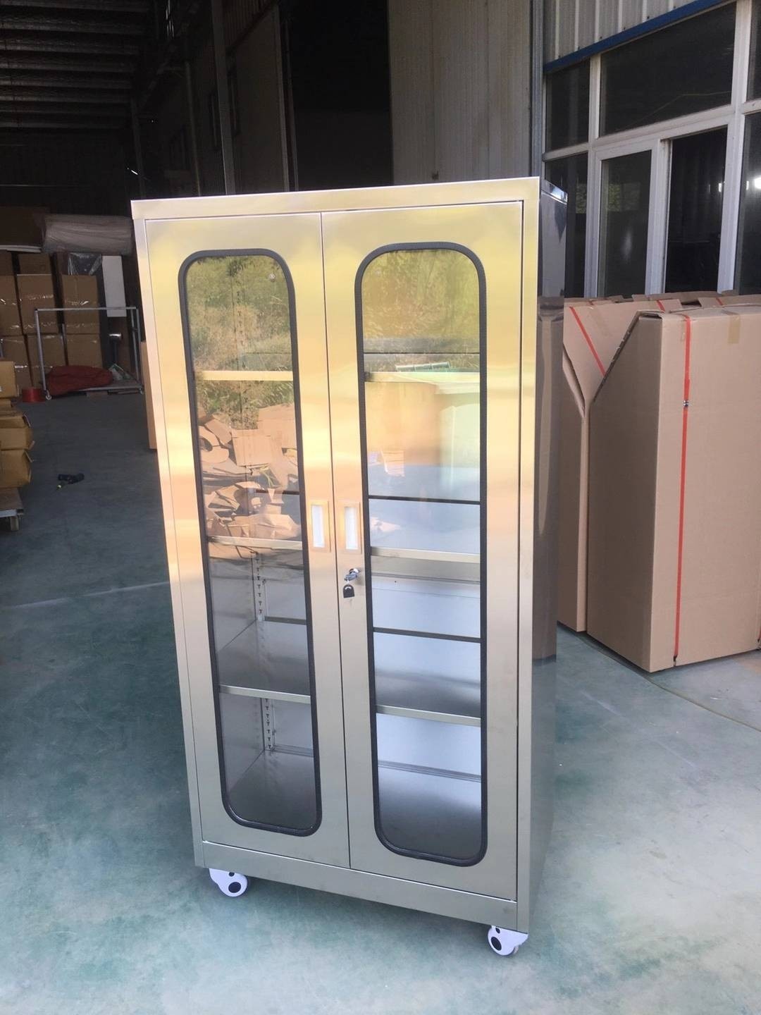 定制304不锈钢活动器械柜医疗手术室移动无菌柜玻璃对开门展示柜