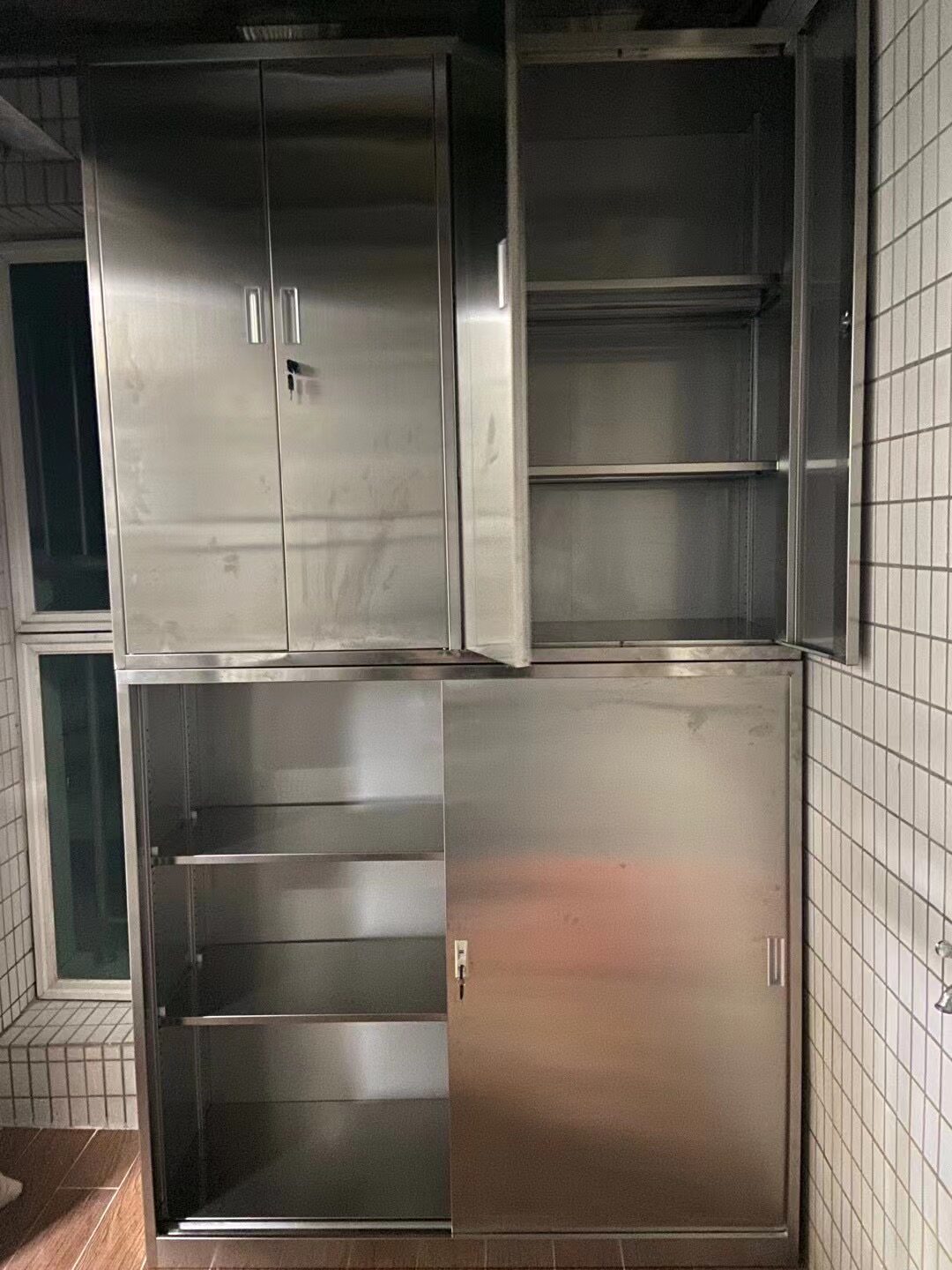 定制不锈钢移门矮柜带锁对开四门柜阳台多层隔板储物柜杂物收纳柜