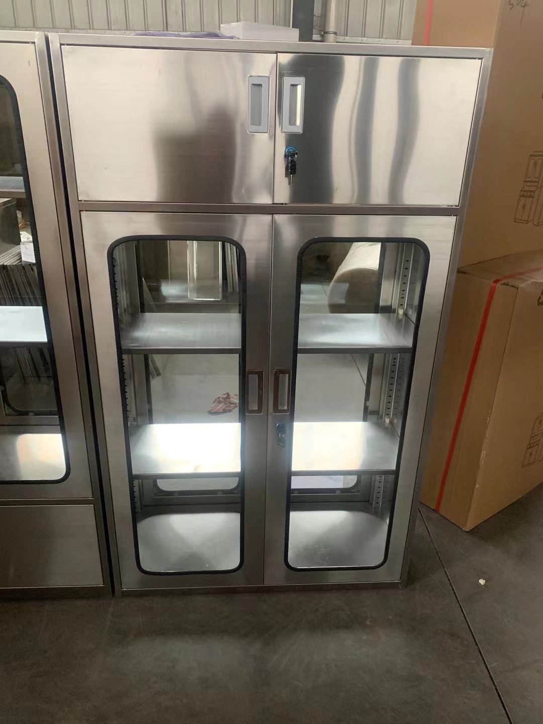 定制201/304不锈钢器械柜上档下玻门带锁展示柜加厚双面透明柜子