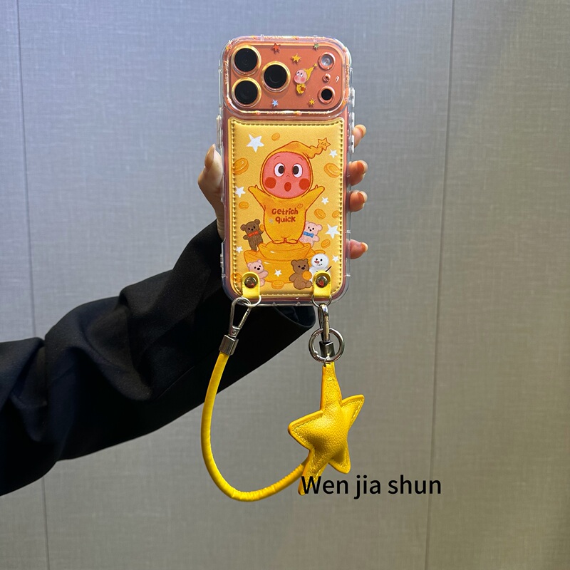 Cartoon Leather Coin-Shaped Bear and Star Character Phone Case Suitable for iPhone 17 Pro, Apple 16 Pro Max, and 15 Pro with Crossbody Strap