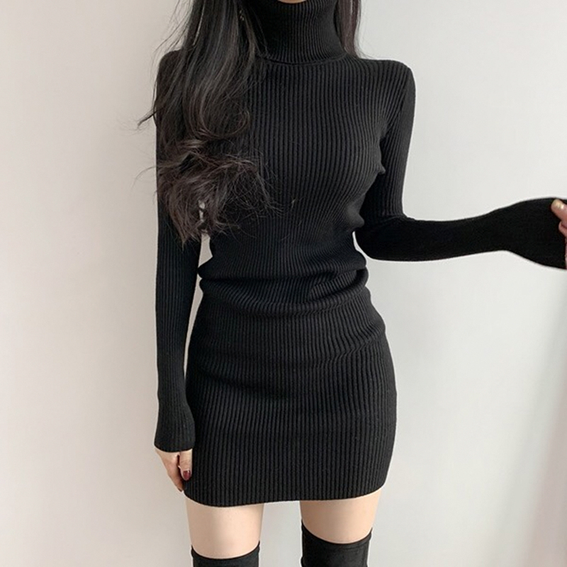 2026 Early Autumn New Style Tweed-Style Bodycon Sweater Dress Black Inner Layer Knit Dress for Women Autumn and Winter