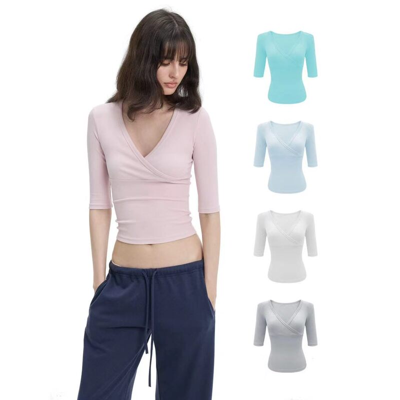 Suisui·American Retro Style Low-Cut V-Neck Cross-Neck Slim-Fit Solid Color Versatile Commuter Mid-Sleeve Top