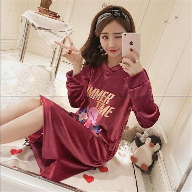 Nữ thu đông dài tay vàng nhung dài tay trung dày ấm áp thu đông phong cách hàn quốc váy ngủ nữ dễ thương - Đêm đầm