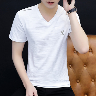 2021夏季纯棉V领短袖t恤印花打底衫韩版修身休闲潮流衣服男装