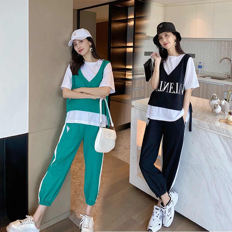 Maternity wear summer suit T-shirt fashion thin short-sleeved top to go out senior loose casual two-piece net red tide T