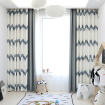 Light-colored Nordic style striped stitching curtains Velvet linen fabric environmental protection printing living room fashion popular 2019 finished product