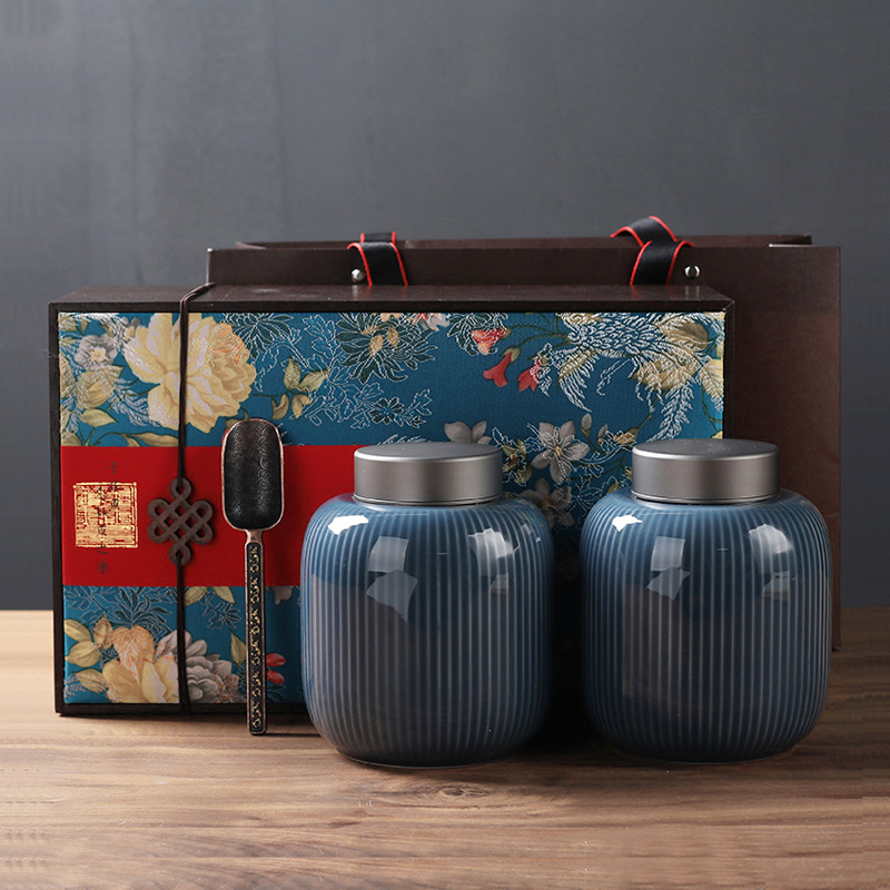 Ceramic tea, green tea caddy fixings double tin lid sealed as cans of traditional Chinese medicine differentiated bi-facial mask powder tank support customize logo