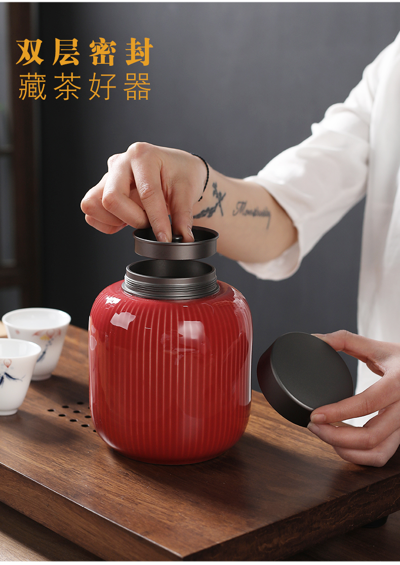 Ceramic tea, green tea caddy fixings double tin lid sealed as cans of traditional Chinese medicine differentiated bi-facial mask powder tank support customize logo