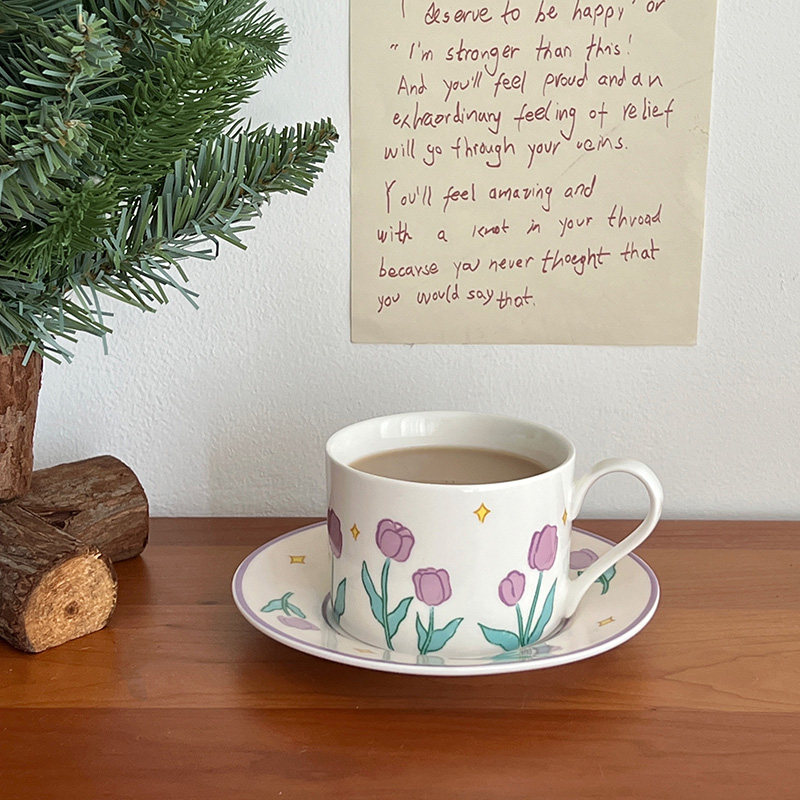 Ins wind girl heart purple tulip ceramic mug French afternoon tea coffee cup saucer