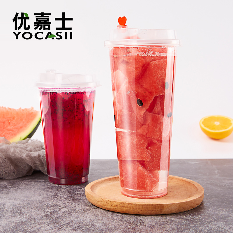 Disposable pearl milk tea cup with lid suction cup soy milk plastic packaging cup 500 700ml Custom logo