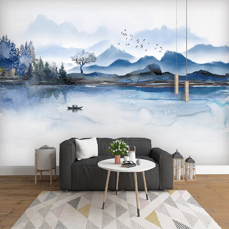 8d new Chinese water ink landscape protection wall panel TV background quick fit board wall living room hotel bookhouse wood and wood fiberboard
