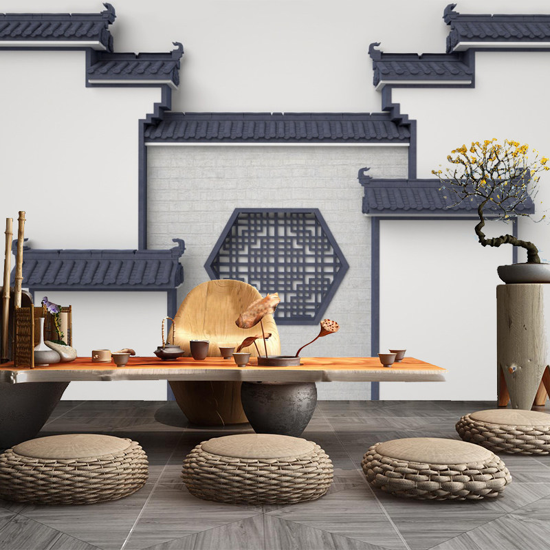 Custom Chinese Water Ink 3d Tea Road Culture Tea Room Background Nursing Board Emblem Architectural Wallpaper Horse Head Integrated Board Shop