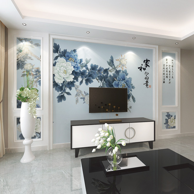 Living room sofa TV background quick loading plate painting New Chinese high light painting Mudan flowers bird and wood fiberboard integrated board