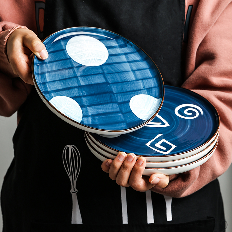 Tinyhome Japanese ancient ceramic tableware flat dish plate household western food steak plate posed the disc plate