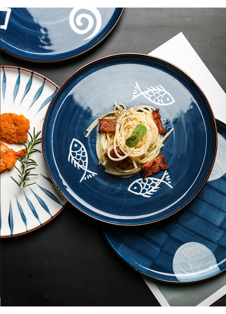 Tinyhome Japanese ancient ceramic tableware flat dish plate household western food steak plate posed the disc plate