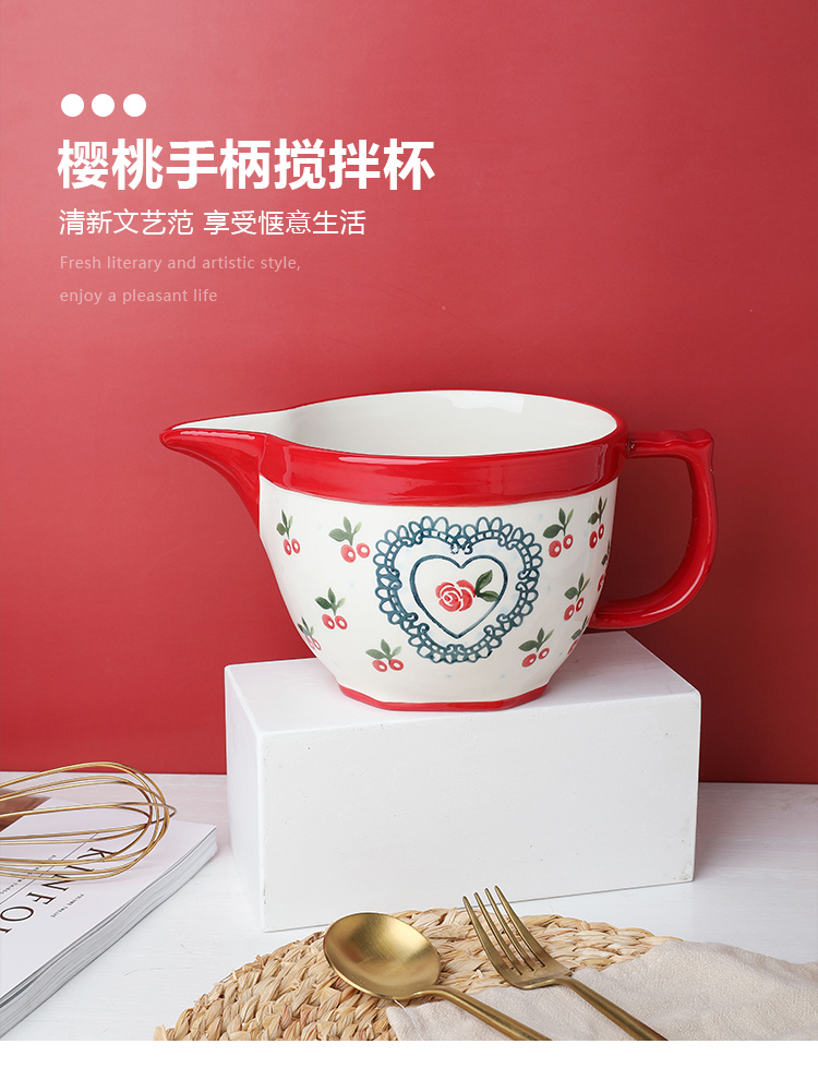 Ceramic mixing bowl with the handle household creative egg bowl pointed expressions using drainage baking cup bowl batter bowl of salad bowl