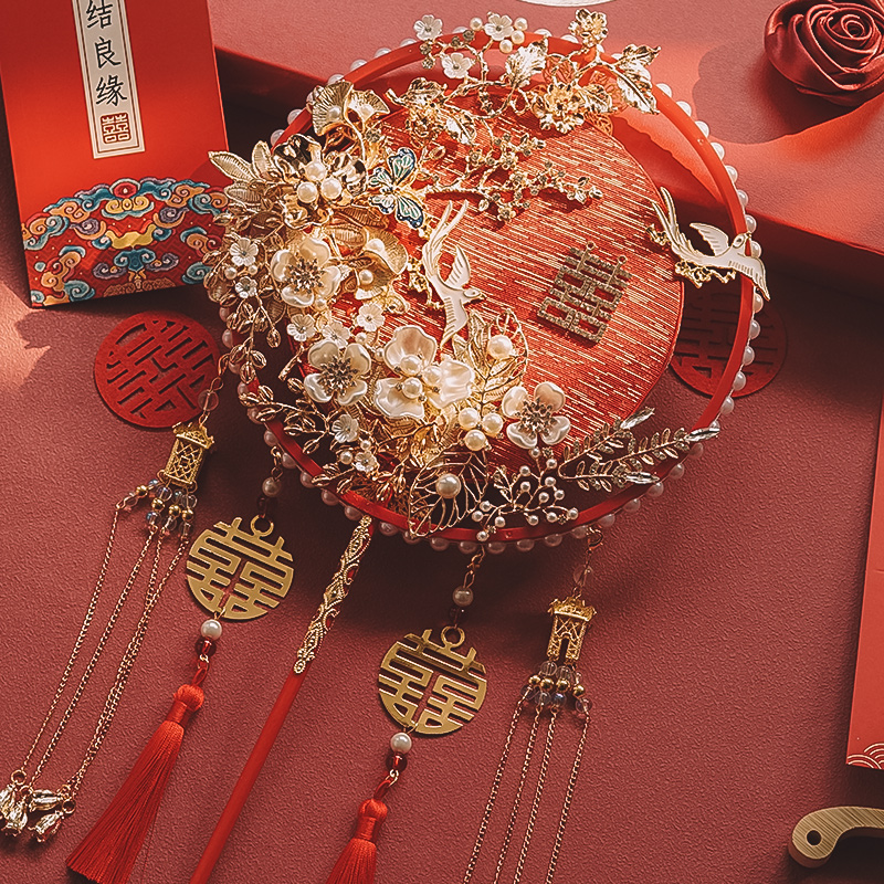 Bride Wedding Group Fan Diy Material Bag Handmade Ancient Wind Show and Festive Fan red finished Heavy Industry Chinese Wedding Lilly-Taobao