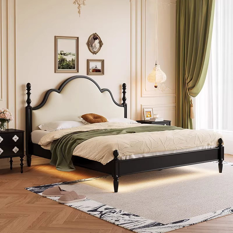 Medieval-Style French Retro All-Solid Wood Modern Minimalist Bed 1.8m Double Luxury Bed 1.5m Master Bedroom Upholstered Bed