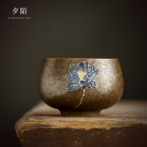 Handmade embossed lotus teacup Ceramic Kung Fu tea set Single cup kiln turned tea lamp Master cup Single coarse pottery tea cup