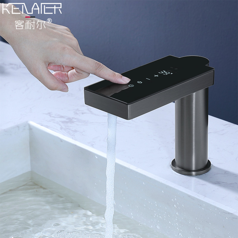 Màn hình cảm ứng điều khiển nhiệt độ vòi cảm ứng hoàn toàn tự động màn hình kỹ thuật số thông minh màn hình kỹ thuật số chậu rửa nhà vòi súng màu xám tất cả bằng đồng voi cam ung bồn rửa tay cảm ứng