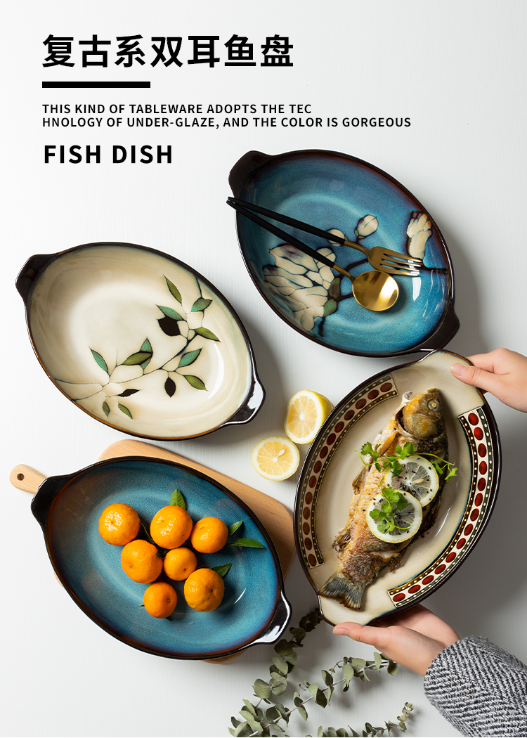 The Fish dish household creative hand - made ears disc move dish plate long oval snack plate can be heated ceramic tableware