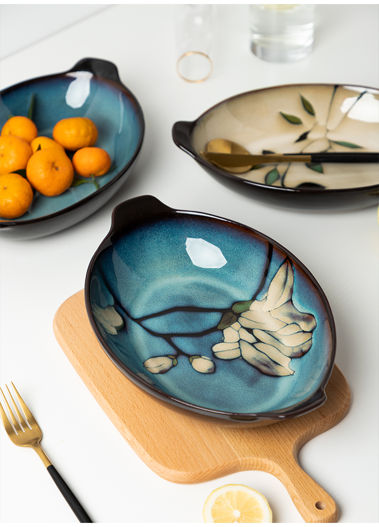 The Fish dish household creative hand - made ears disc move dish plate long oval snack plate can be heated ceramic tableware