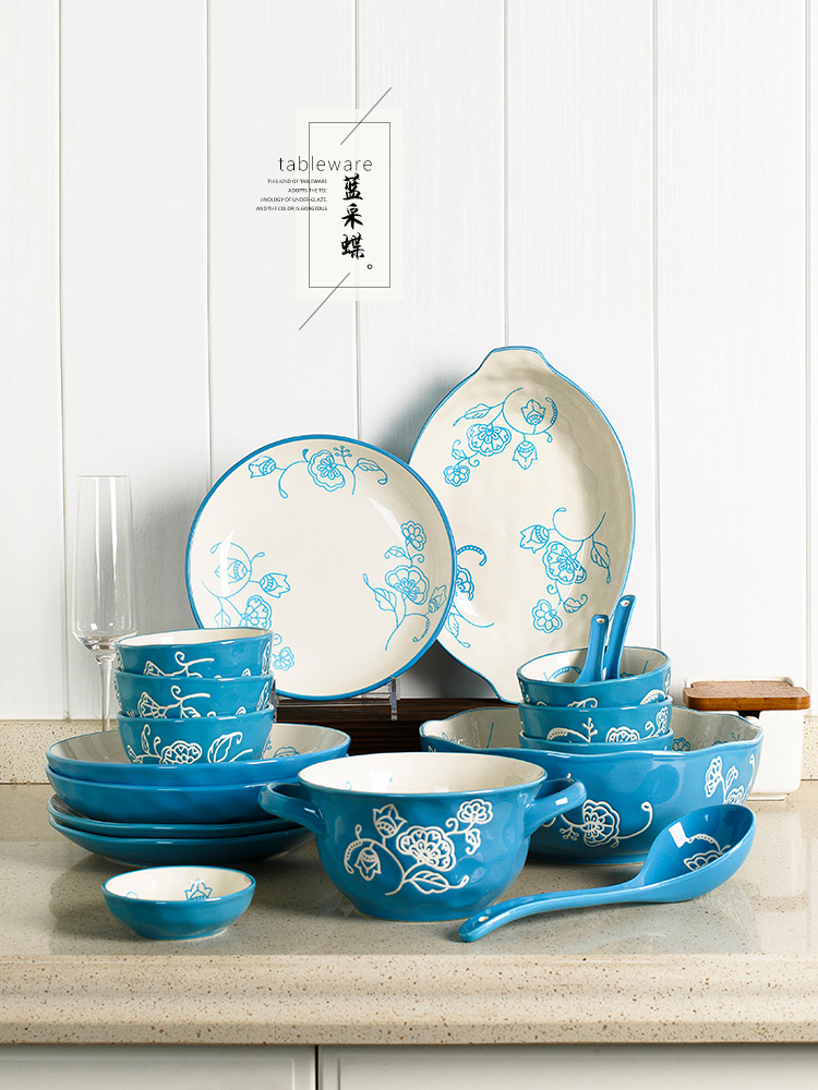 Rice bowls of household small pure and fresh and creative move ears noodles bowl of soup bowl dish dish and composite ceramic plate