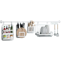 Kitchen rack storage rack wall-mounted punch-free hanging rod hook dish rack knife rack spice rack white storage rack