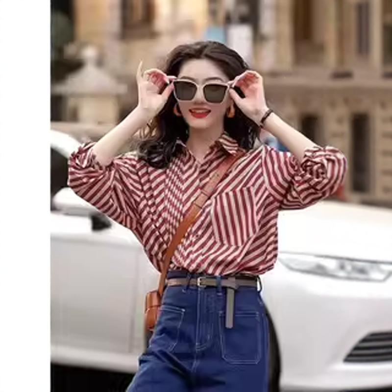 Red and White Striped Shirt for Petite Women, Spring and Autumn Long-Sleeved Retro Hong Kong Style Loose-Fitting Elegant High-End Shirt Red and White Striped Shirt for Petite Women, Spring and Autumn Long-Sleeved Retro Hong Kong Style Loose-Fitting Elegant High-End Shirt