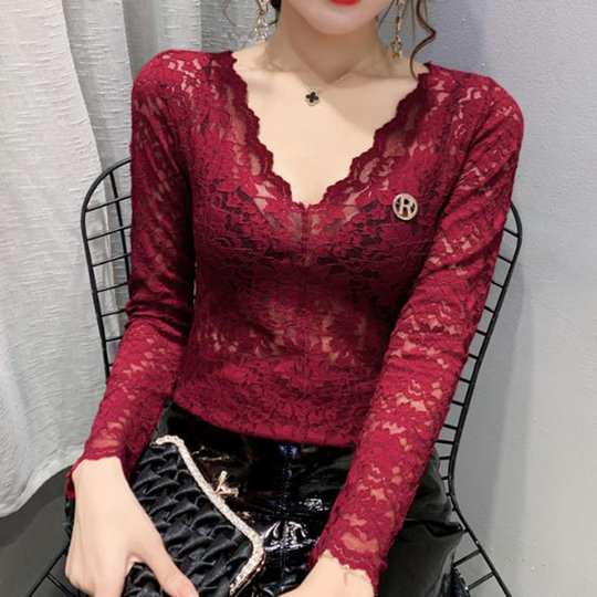 潮牌2025秋冬新款高端紧身气质V领蕾丝雪纺衫女内搭洋气加绒小衫